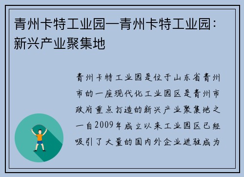 青州卡特工业园—青州卡特工业园：新兴产业聚集地